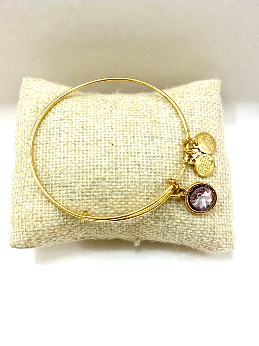 Alex and Ani Gold Tone Adjustable Bangle with Light Lavender Crystal Charm
